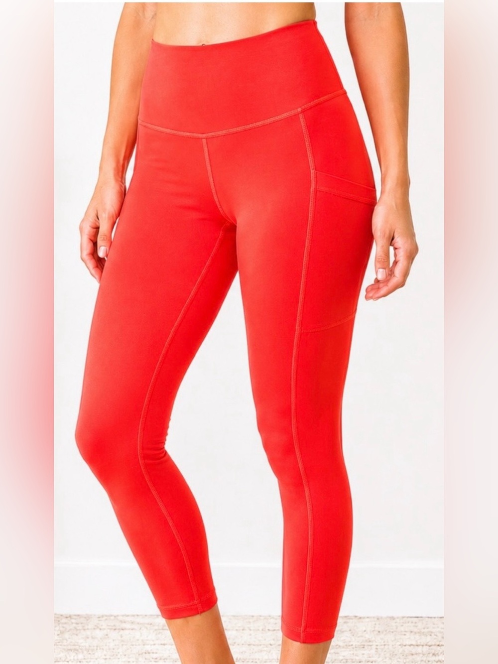 Zella Neon Coral High Rise Crop Leggings Size M Pocket Activewear
